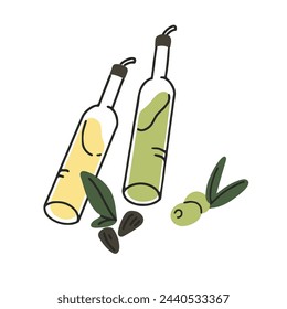 Oil of olive and sunflower seeds in glass bottles. Natural product, organic ingredient for cooking. Vegan liquid fat in containers. Healthy food. Flat isolated vector illustration on white background