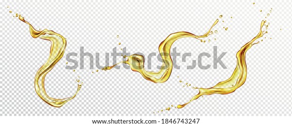 Oil, orange or lemon juice splashes, liquid yellow\
drink streams with drops. Fruit beverage elements for advertising\
or package design. Fresh splashing and flowing jets, drips\
realistic 3d vector set
