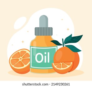 Oil with oranges. Set of natural and organic skin care products. Cosmetics for beauty. Glass bottle with fruits, vitamins and trace elements for health care. Cartoon flat vector illustration