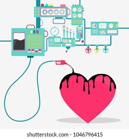 Oil over the heart shape. Machinery of factory refining oil and spilling oil on the heart shape. Oil industry. Conceptual.
