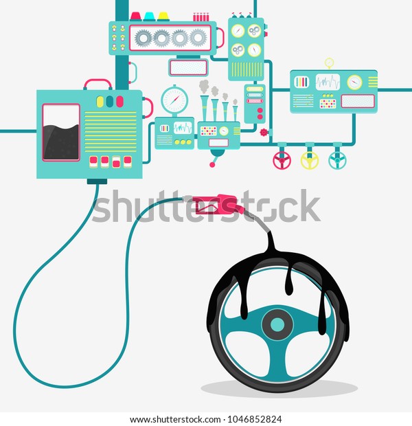 Oil over the steering wheel. Machinery of\
factory refining oil and spilling oil on the steering wheel. Oil\
industry. Conceptual.