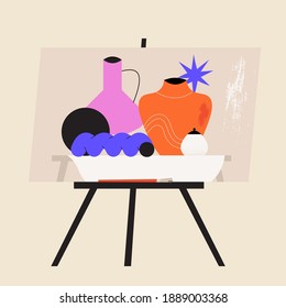 Oil paint picture, still life drawing. Brush and cotten or linen canvas on easel. Creative idea for drawing or art classes, lessons or online courses. Vector graphic for ui or website project.