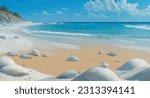 oil paint of a pristine, untouched beach with untouched white sand stretching as far as the eye can see. Depict an array of seashells scattered across the shore, catching the light and creating a