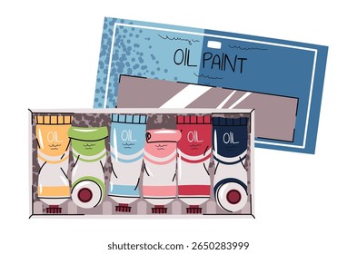Oil Paint Tubes in Box. Flat Design on White. Artist's Paint, Art Supplies. Perfect for Packaging Design, Social Media, Painting Tutorials, and Creative Studio Decor and Art Class Materials