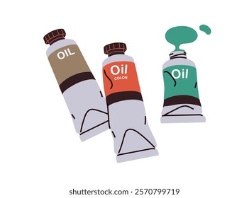 Oil paint tubes, open squeezed and spilling color pigment and closed dye. Artistic supplies for painting, drawing. Artists materials, colours. Flat vector illustration isolated on white background