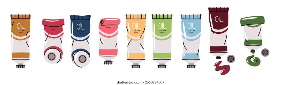 Oil Paint Tubes Set. Flat Design on White Background. Artist Supplies Collection for Painting Tutorials, Creative Projects, and Art Studio. Ideal for Art Websites, Social Media, and Education