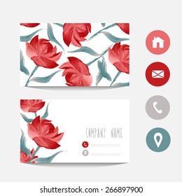 Oil painted business card template with red roses, design element. Can be used also for greeting cards, banners, invitations. Vector background