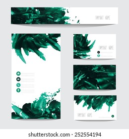 Oil painted business card templates in green colors, design elements. Can be used also for greeting cards, banners, invitations. Vectorized background
