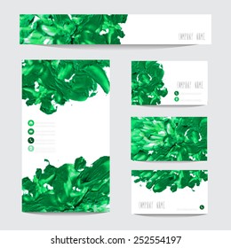 Oil painted business card templates in green colors, design elements. Can be used also for greeting cards, banners, invitations. Vectorized background