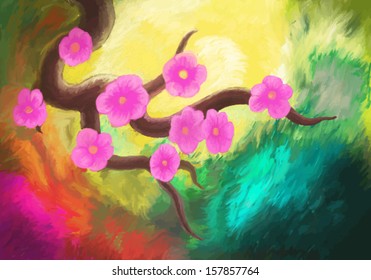 Oil painted effect Sakura. Vector
