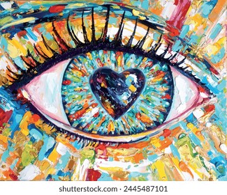 Oil painting of an eye with a pupil in the heart. Loving look vector illustration.