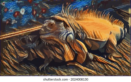 Oil Painting illustration with iguana, beautiful reptile. Pet, lizard, reptile.very cool