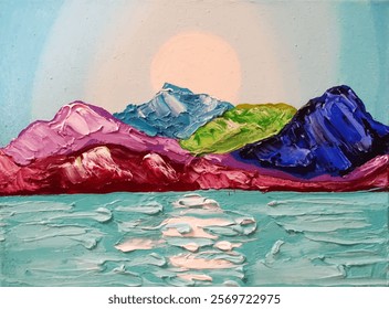 Oil painting of mountains, sun and sea. Art canvas.