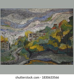Oil painting on cardboard bridge over the river cityscape