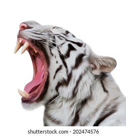 Oil painting portrait of a yawning white bengal tiger, isolated on white background. Mask of the biggest cat. Wild beauty of the most dangerous and mighty beast. Vector illustration.