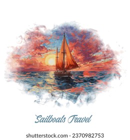 oil painting sailing boat at sunset