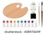 Oil painting set. Includes palette, oils, brushes, and paint tubes. Isolated vector design. 