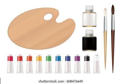 Oil painting set. Includes palette, oils, brushes, and paint tubes. Isolated vector design. 