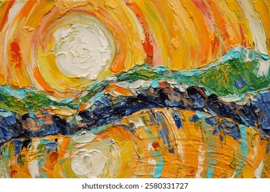 Pintura a óleo. Pôr do sol, montanhas, mar. Impressionismo. Arte contemporânea. Vetor.