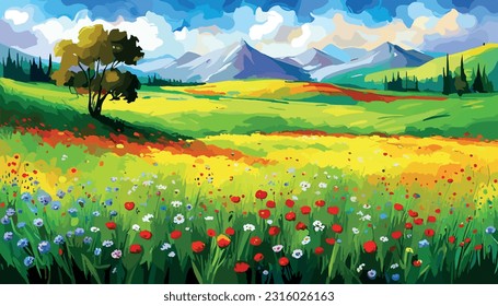 Oil painting wild flowers, cornflower, chamomile fields. Meadow landscape sunny weather with wild flower hill sky orange blue color background. Vector illustration summer floral impressionistic style 