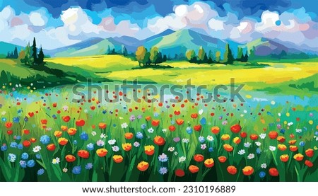 Oil painting wild flowers, cornflower, chamomile fields. Meadow landscape sunny weather with wild flower hill sky orange blue color background. Vector illustration summer floral impressionistic style 