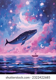 oil painting,palette knives style,stars, oceans, whales, clouds, dreams,  animation scenes, colorful backgrounds