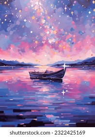 oil painting,palette knives style,stars, oceans, boat, clouds, dreams,  animation scenes, colorful backgrounds