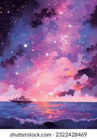 pintura al óleo, estilo de cuchillos de paleta, estrellas, océanos, barco, nubes, sueños, escenas de animación, fondo colorido