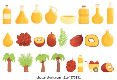 Iconos de palma de aceite configuran el vector de dibujos animados. Plantación agrícola. Árbol de coco