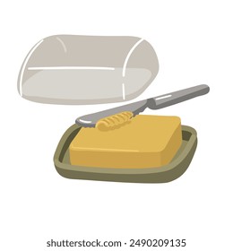 Oil pan with a piece of butter and a glass lid, a metal knife cuts off a layer of oil. Perfect adding juiciness and flavor to your culinary creations. Isolated piece of butter is cut off with a knife