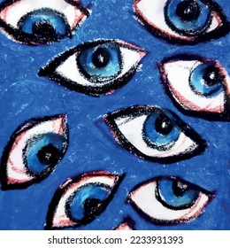 Oil pastel blue eyes  illustration art evil eye blue hand drawn eye pattern design art  print