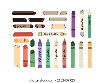 Oil pastel  crayon  graphite pencil  wax stick set  Artists supplies different colors for painting  drawing  New   used painters stationery  Flat vector illustration isolated white background