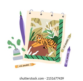 Sketchbook with pencils, liners. Notebook, sketch book for drawing. Notepad  for drawn paintings and art supplies. Artists note pad, album. Flat graphic  vector illustration isolated on white background Stock Vector