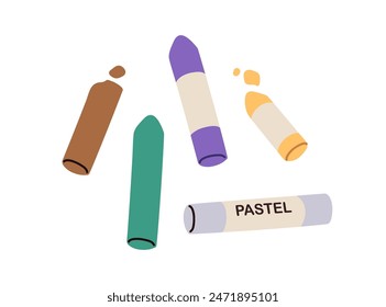 Oil pastel pencils, colored crayon sticks. Drawing tools, used art supplies. Painting stationery, accessories of different shades, colour. Flat vector illustration isolated on white background