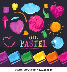 Oil pastel. Vector set of colored elements and crayons.
