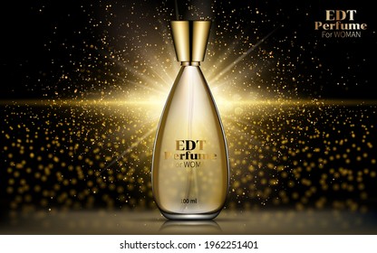 Oil perfume gold bottle with gold liquid on blurred sparkling background. Scent glass tube package design mockup. Women cosmetic product promo banner poster ad. Realistic 3d vector illustration.