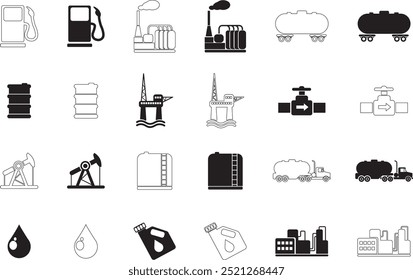 Iconos de objetos de la industria del petróleo y petróleo Arte vectorial fondo blanco