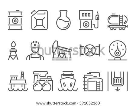 oil and petrol industry objects. icons set of heavy industry, mining resources, tanker and fuel, energy industry.  linear pictogram pack. thin line, flat design.