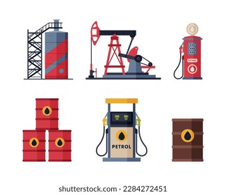 Oil and Petrol Industry with Pumpjack, Station and Barrels Vector Set