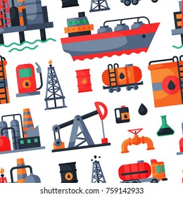 Oil petroleum extraction processing transportation recovery industry refinery fuel gas drilling industrial pump vector illustration seamless pattern background