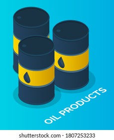 Oil petroleum industry, barrels with oil products, isolated at blue symbols. Storage, tank, cistern, vat, tub with oil. Resorvoir, with crude oil. Making industrial petroleum for different purposes