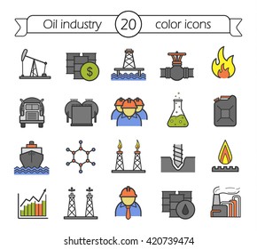Oil and petroleum industry color icons set. Tanker, storage, worker, cargo ship, gas pipeline, flameable sign, petrol jerrycan. Oil platform, pumpjack and barrels. Vector isolated illustrations