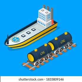 Oil petroleum industry concept. Transportation oil with railway carriage or ship. Isolated vehicles at blue background. Transport filled with petroleum. Isometric cartoon 3d illustration. Delivery