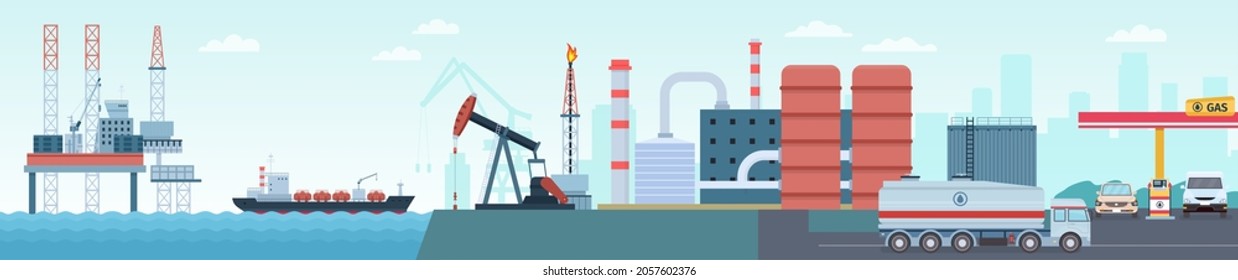 Oil petroleum industry extraction, production and transportation infographic. Sea rig, tanker, refinery plant and gas station vector concept. Fuel tanker ship delivering oil to factory