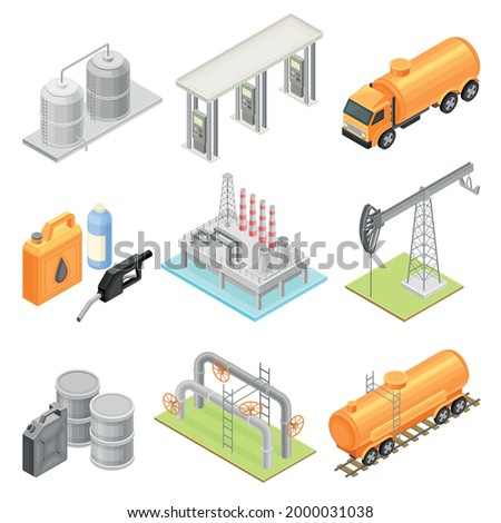 Oil or Petroleum Industry with Extraction Refining and Transporting Process Isometric Vector Set