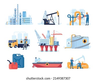 Oil petroleum industry. Flat style refinery factory. Platforms and tankers. Rigs and pumps. Gasoline transportation and storage. Fuel mining. Pipeline and canister