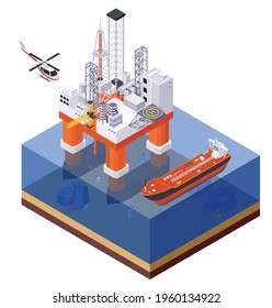 Oil petroleum industry isometric composition with view of offshore structure platform with ship and flying helicopter vector illustration