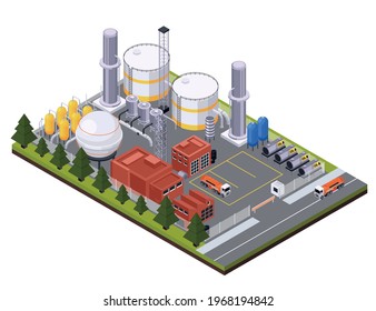 Oil petroleum industry isometric composition with view of factory area with cisterns trucks and oil tanks vector illustration