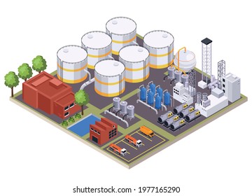 Oil petroleum industry isometric composition with view of oil processing factory site with buildings and facilities vector illustration