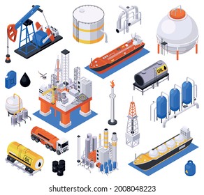Oil petroleum industry isometric set of isolated icons with processing and storage facilities with cargo carriers vector illustration
